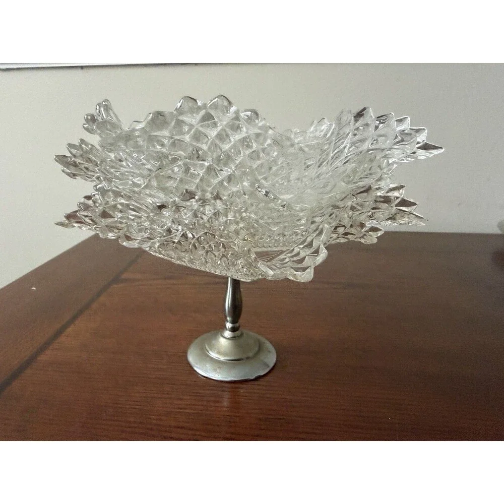 Vintage Clear Diamond Square Glass 5 Candy Dishes with Silver Pedestal